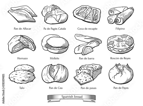 Collection of traditional Spanish types of bread. Hand drawn sketch in doodle style. photo