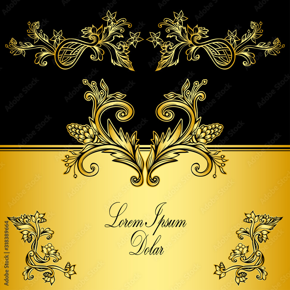 Template of Vintage label or frame  in Baroque style in gold and black for menu  of invitation congratulation card or for decoration other things