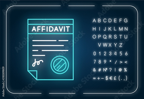 Confirmed affidavit neon light icon. Document. Apostille. Written statement. Declaration. Outer glowing effect. Sign with alphabet, numbers and symbols. Vector isolated RGB color illustration