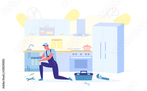 Plumbers Worker Installs Drinking Filter, Banner.