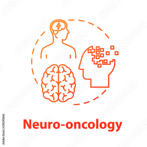 Neuro oncology concept icon. Study of brain neoplasms. Danger of migraine, headache. Neurology and psychology idea thin line illustration. Vector isolated outline RGB color drawing