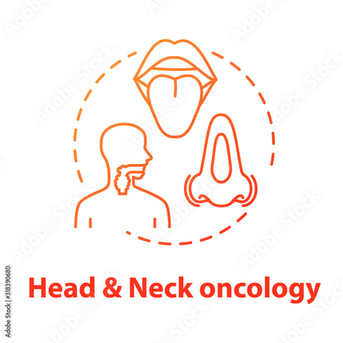 Head and neck oncology concept icon. ENT disorders. Diseases of ears, nose, and throat. Otorhinolaryngology idea thin line illustration. Vector isolated outline RGB color drawing