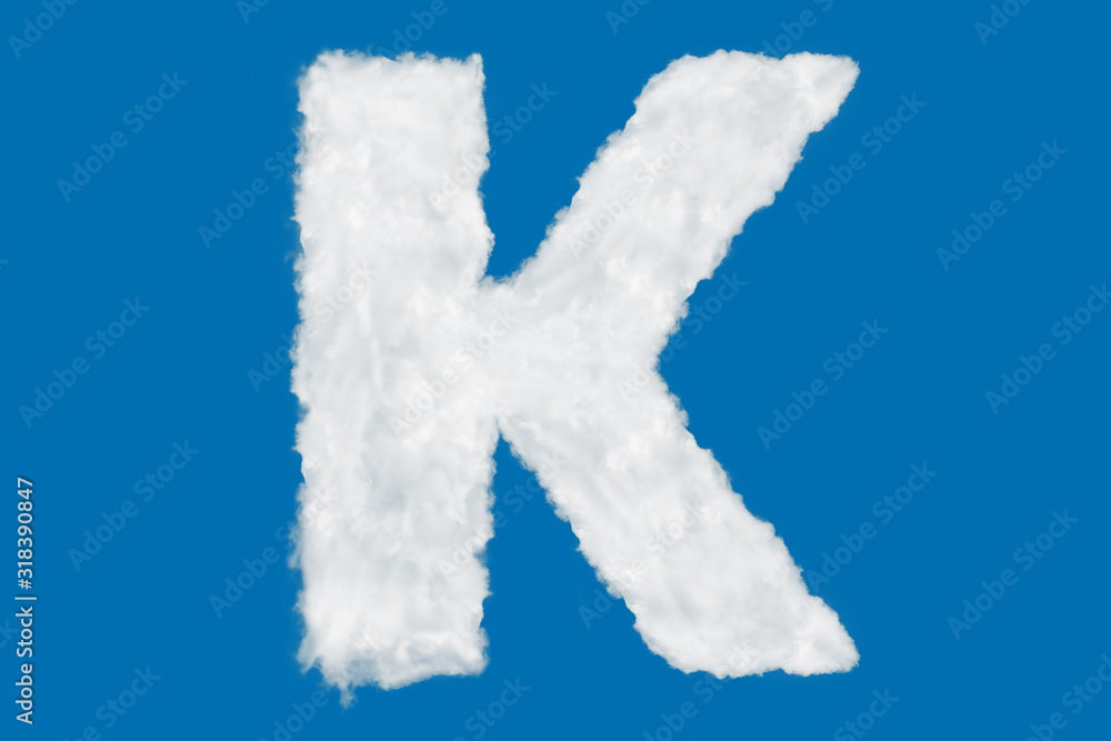Letter K font shape element made of clouds on blue background over sky