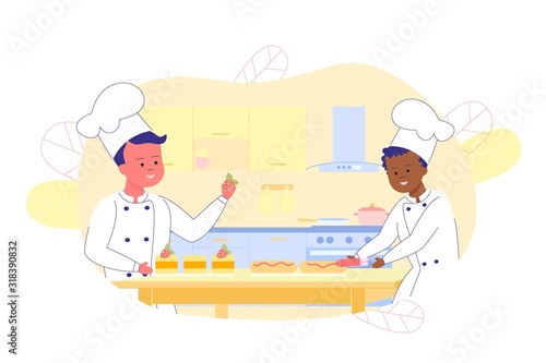 Young Boys in Cook Chef Clothes Decorating Cakes