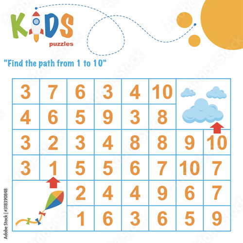Find the path from 1 to 10. Easy colorful math worksheet practice for kids in preschool, elementary and middle school.