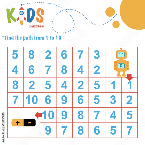 Find the path from 1 to 10. Easy colorful math worksheet practice for kids in preschool, elementary and middle school.