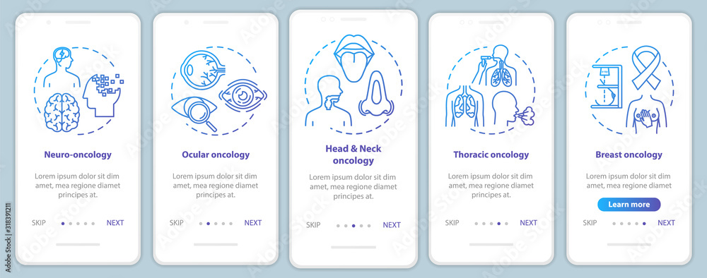 Oncology onboarding mobile app page screen with concepts. Cancer treatment walkthrough five steps graphic instructions. Ocular oncology. Thoracic cancer. UI vector template, RGB color illustrations