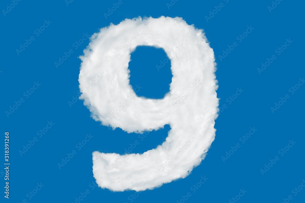 Number 9 font shape element made of clouds on blue background over sky Number 9 font shape element made of clouds on blue background over sky