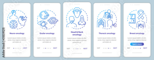 Oncology onboarding mobile app page screen with concepts. Cancer treatment walkthrough five steps graphic instructions. Ocular oncology. Thoracic cancer. UI vector template, RGB color illustrations