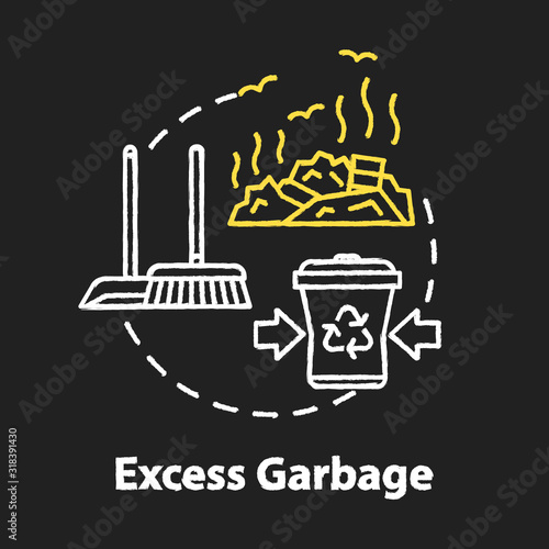 Excess garbage chalk RGB color concept icon. Trash and rubbish. Dustbins and landfill. Sanitation, cleaning. Pollution idea. Vector isolated chalkboard illustration on black background