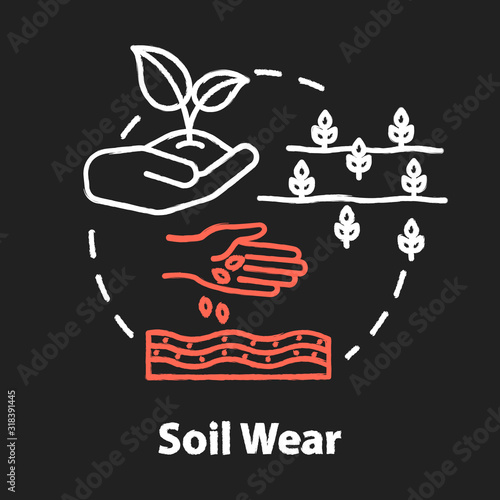 Soil wear chalk RGB color concept icon. Industrial damage to nature. Agriculture and agronomy. Cultivation, seedling. Farming idea. Vector isolated chalkboard illustration on black background