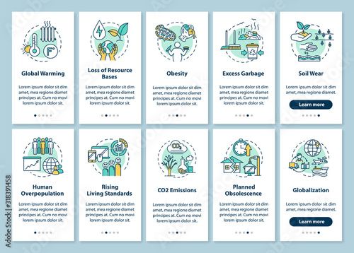 Overconsumption onboarding mobile app page screen with concepts. Environmental damage. Consumerism walkthrough 5 steps graphic instructions. UI vector template with RGB color illustrations