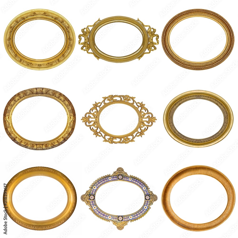 Set of golden frames for paintings, mirrors or photo isolated on white background Set of golden frames for paintings, mirrors or photo isolated on white background