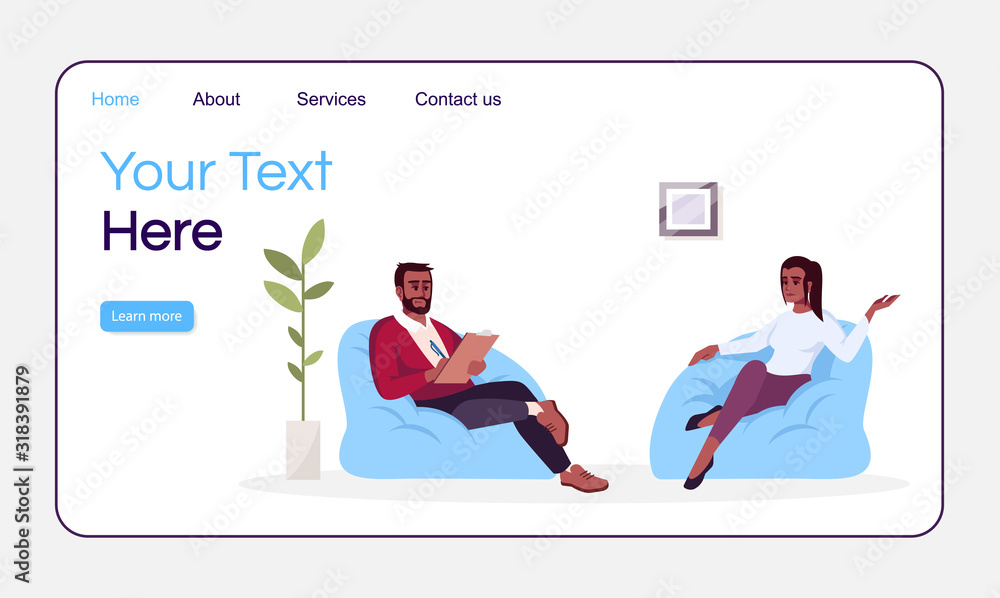 Therapy session landing page vector template. Individual appointment. Psychology consultation website interface idea with flat illustrations. Homepage layout. Web banner, webpage cartoon concept Therapy session landing page vector template. Individual appointment. Psychology consultation website interface idea with flat illustrations. Homepage layout. Web banner, webpage cartoon concept