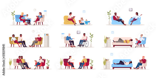 Psychology consultation flat vector illustrations set. Private psychotherapy sessions. Talk therapy. Psychoanalysis. Couple, family difficulties. Marriage counseling. Isolated cartoon characters kit