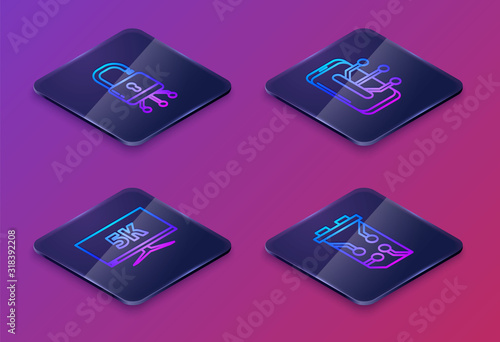 Set Isometric line Lock on digital circuit board, Monitor display with 5k video, Smartphone, mobile phone and Video graphic card. Blue square button. Vector