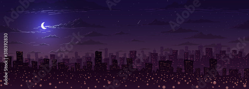 Vector illustration. Big city panorama against stars and moon at night.