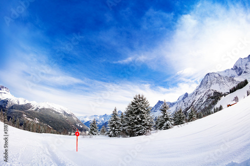 Alpine ski slope and view Mont-Blanc, Chamonix region, Auvergne-Rhone-Alpes in south-eastern France