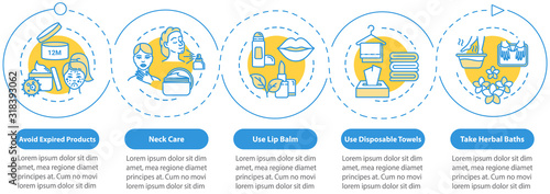 Skincare vector infographic template. xpired products. Neck, lip care. Beauty presentation design elements. Data visualization with 5 steps. Process timeline chart. Workflow layout with linear icons