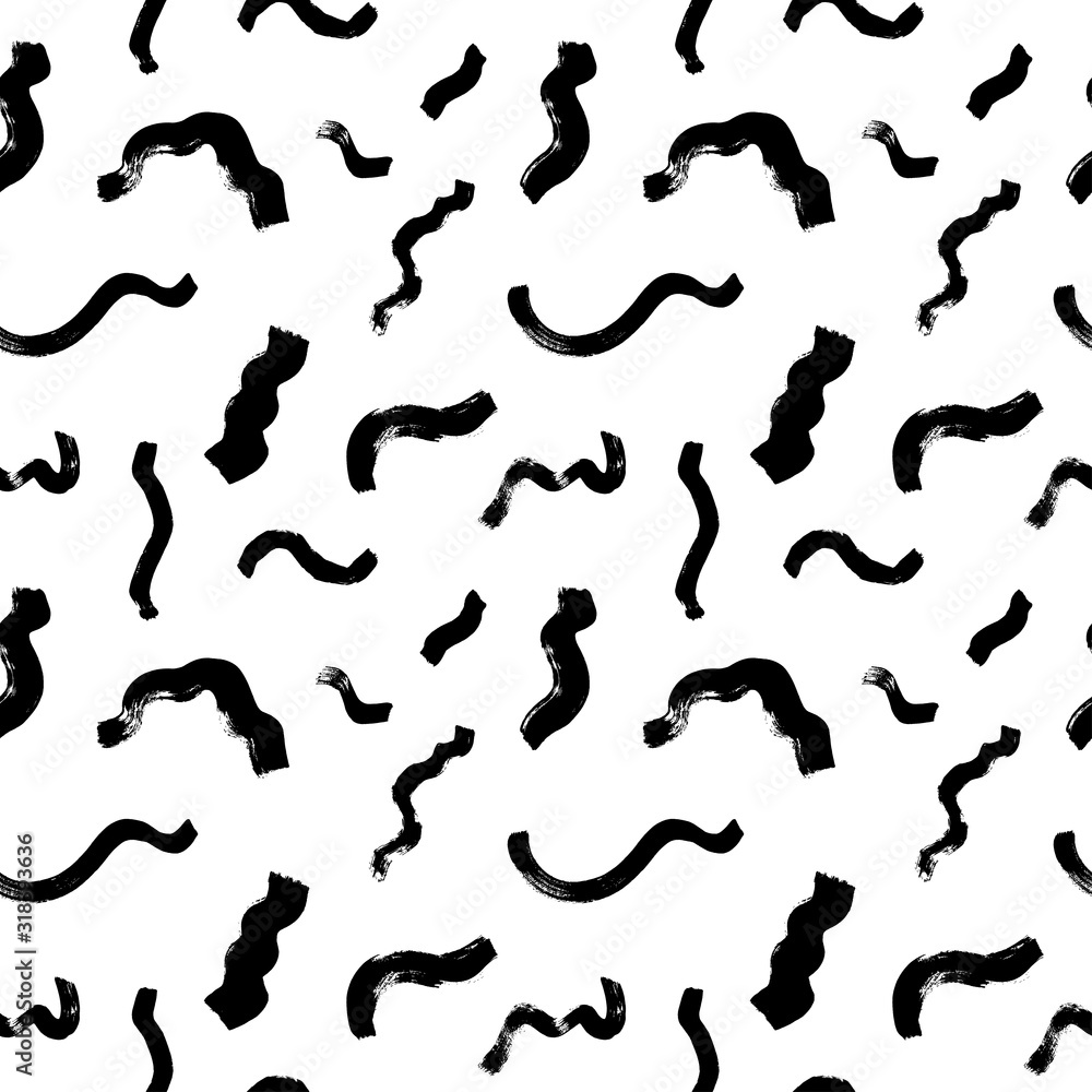 Brush stroke seamless pattern in memphis style. Black paint wavy smears and curly brush strokes. Hand drawn ink illustration.