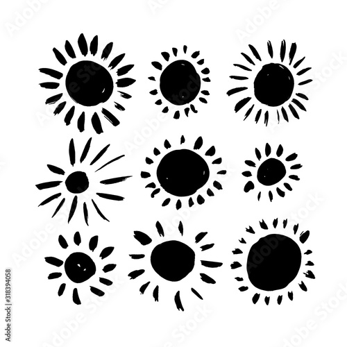 Sun icon element vector collection. Hand drawn black brush strokes, circles and rays.