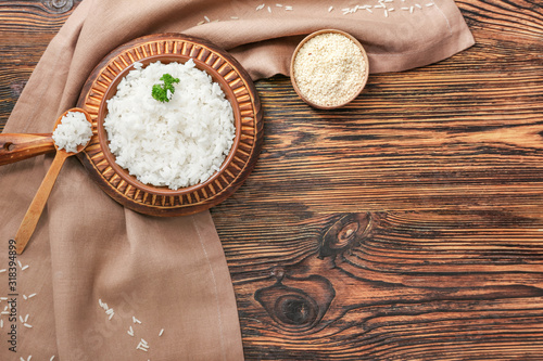 Cooked white rice in rustic...