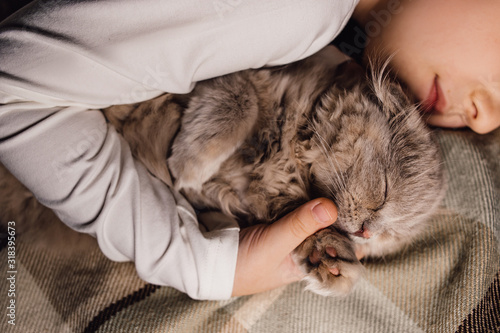 Boy and cat. Scottish fold cat in the arms of a boy. The concept of a pet in family education and a loving home. Horizontal.