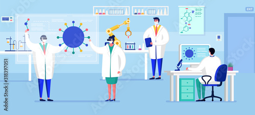 Laboratory coronavirus vaccine antiviral biology research antivirus doctors vector illustration. Scientists in laboratory, chemical researchers with lab equipment.