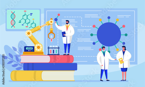 Laboratory coronavirus vaccine antiviral biology research antivirus doctors vector illustration. Scientists in laboratory, chemical researchers with lab equipment.