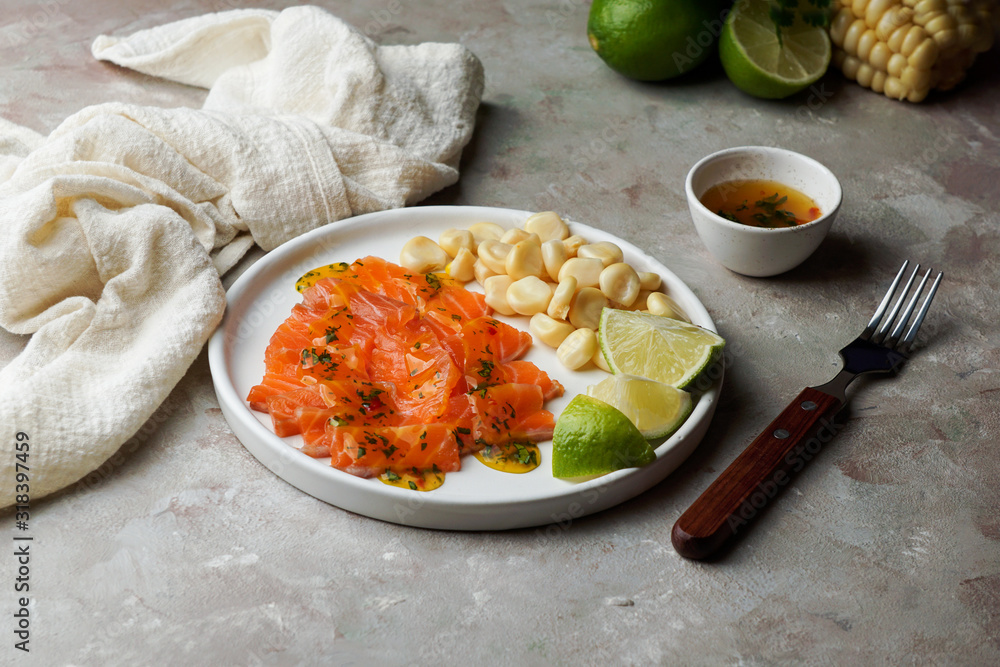 tiradito de salmon - Peruvian dish of raw fish, carpaccio tiradito de salmon - Peruvian dish of raw fish, carpaccio