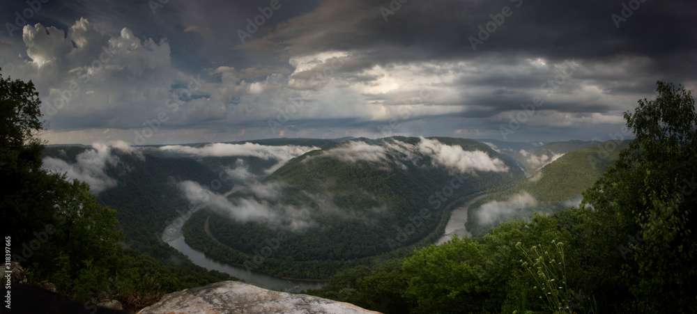 Grandview National Park Overlook with Heavy Dark Clouds and Fog