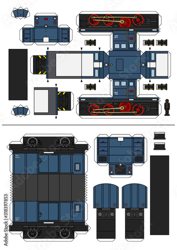 The vector paper model of a vintage blue small diesel locomotive and a freight wagon