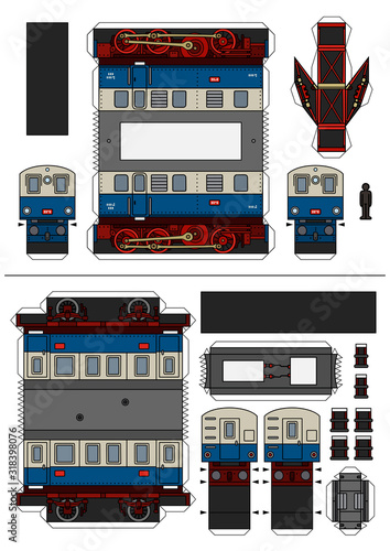 The vector paper model of a vintage blue electric locomotive and  passenger wagon