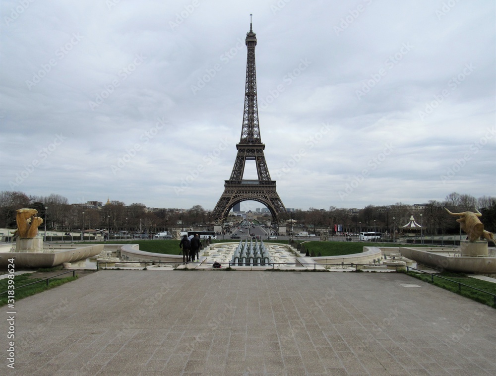 View of the Eiffel Tower from the exterior of Palais de Chaillot in Paris, France 