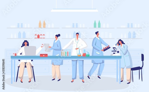 Laboratory coronavirus antivirus vaccine antiviral biology research doctors people concept with flask vector illustration. Scientists in laboratory, chemical virus researchers with lab equipment