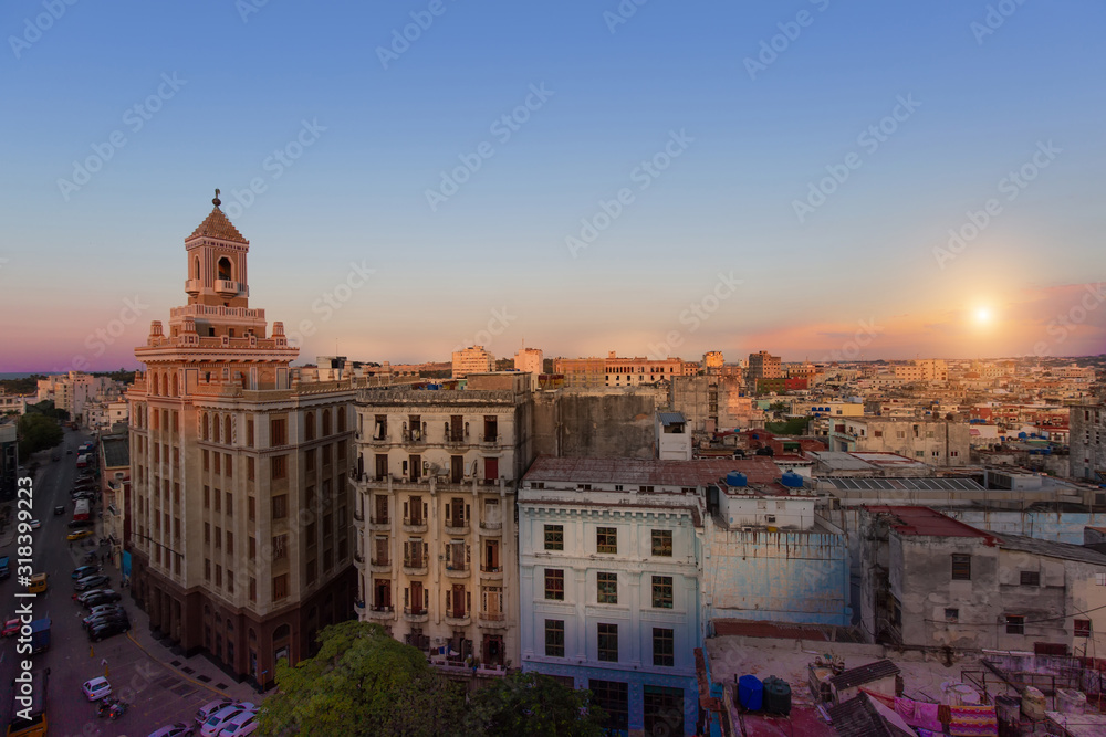 Panoramic view of an Old Havana and colorful Old Havana streets in historic city center (Havana Vieja) near Paseo El Prado and Capitolio