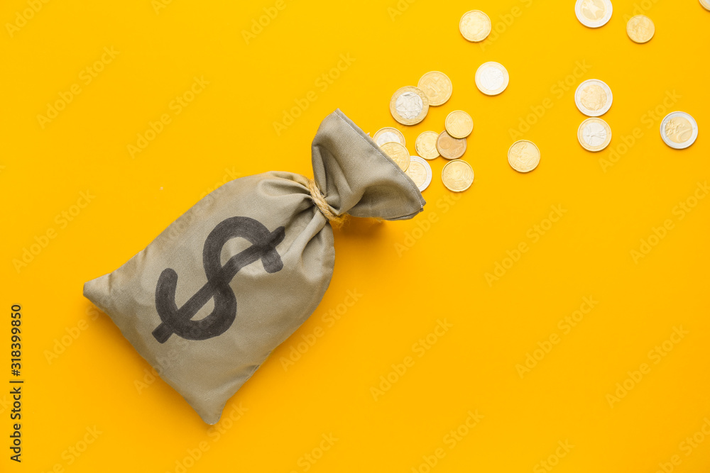 Bag with money and coins on color background Bag with money and coins on color background