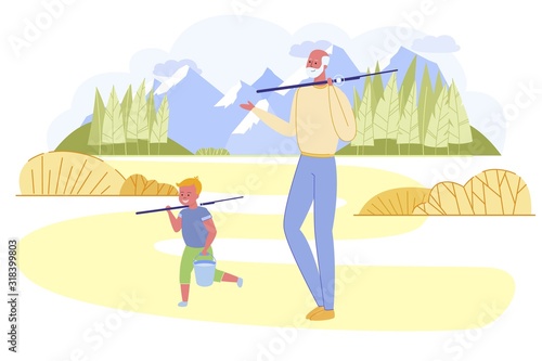 Grandfather and Grandson Going Fishing with Rods