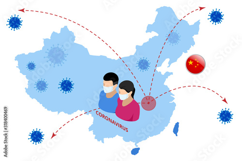 China battles Coronavirus outbreak. Coronavirus Outbreak, Travel Alert concept. The virus attacks the respiratory tract, pandemic medical health risk