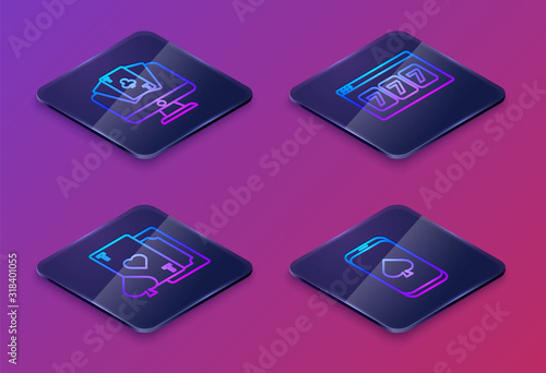 Set Isometric line Online poker table game, Playing card with heart, Online slot machine with lucky sevens jackpot and Online poker table game. Blue square button. Vector