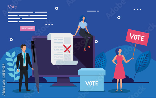 poster of vote with business people and icons vector illustration design