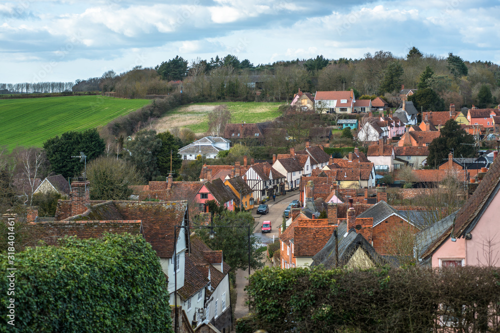 Elevated views across Kersey village in Suffolk, England, UK