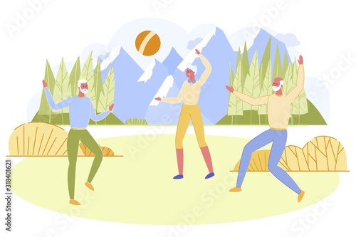Group of Active Seniors Playing Ball Outdoors.