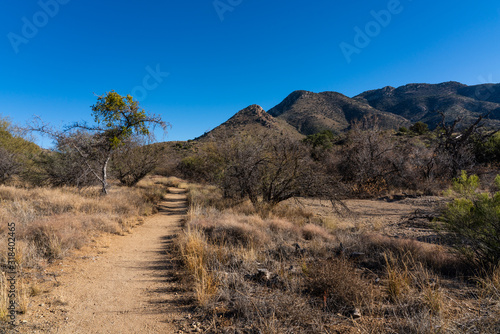hiking path through Fort Bowie National Historic Park with mountains, dirt path and dry vegetation
