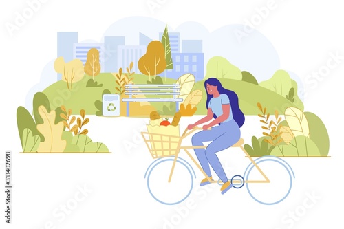 Young Woman Ride Bike with Healthy Food in Basket