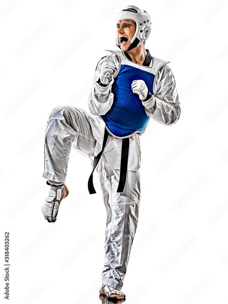 Fototapeta premium Taekwondo fighter man isolated white background