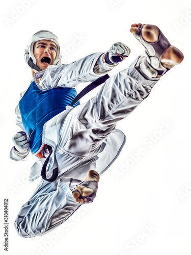 Taekwondo fighter man isolated white background photo
