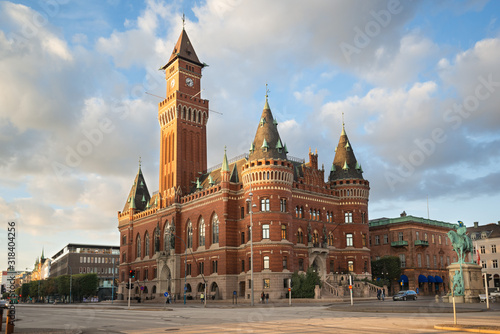 Helsingborg City Hall-Radhuset in Sweden at the central part of the city. The clock tower is 65 meters high, Helsingborg is the northern part of western Scania and Sweden's closest point to Denmark.