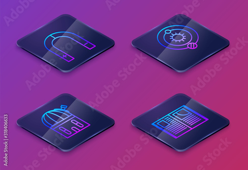 Set Isometric line Magnet, Astronomical observatory, Solar system and Open book. Blue square button. Vector