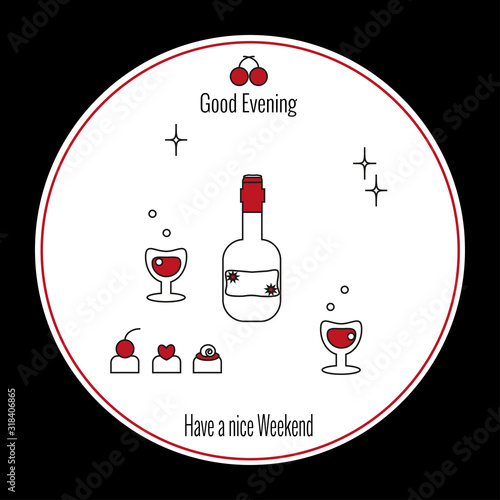 Glass of wine and sommeliers nose. Choice of wine. Circular white background on black square. Elements for restaurant menu, school sommelier in outline style. Vector illustration, icon style.